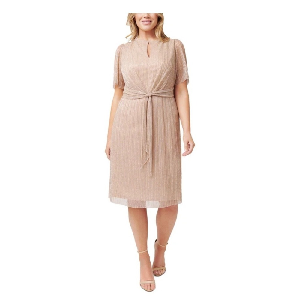 ADRIANNA PAPELL Womens Sz 8 Shift Dress Gold Tie Waist Lined Short Sleeve